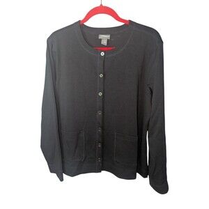 Van Heusen Black Knit Button Up Long Sleeve Top w/ Pockets - Women's Size Large